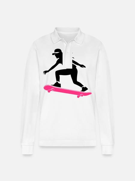 Skateboarding Woman Symbol Skateboard - Stanley/Stella Organic Unisex Long-Sleeved Polo Shirt Prepster - white