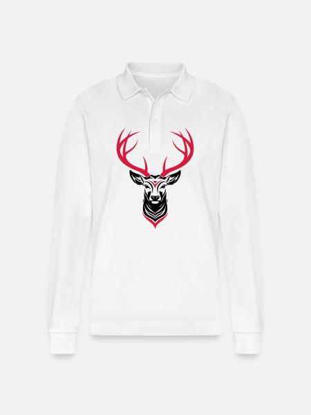Deer Head - Stanley/Stella Organic Unisex Long-Sleeved Polo Shirt Prepster - white