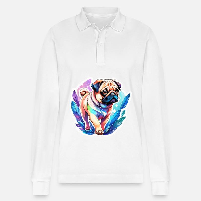 Mops Wasserfarben - Stanley/Stella Unisex Bio-Langarm-Poloshirt Prepster - Weiß