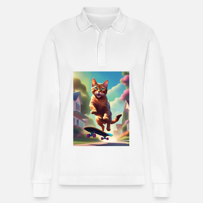 Katze Skateboaring - Stanley/Stella Unisex Bio-Langarm-Poloshirt Prepster - Weiß