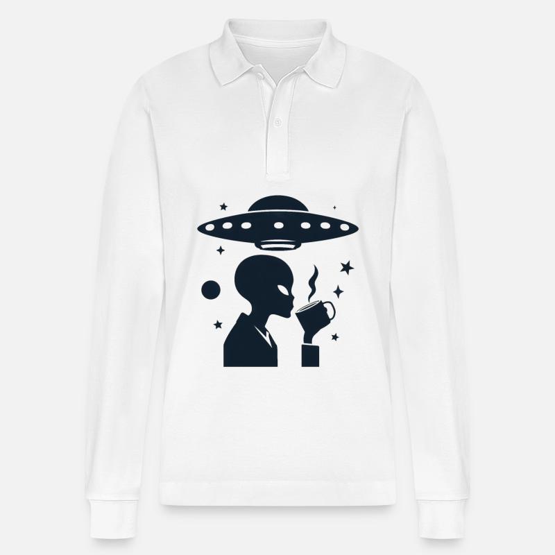 Alien-Silhouette mit Kaffee & UFO - Stanley/Stella Unisex Bio-Langarm-Poloshirt Prepster - Weiß