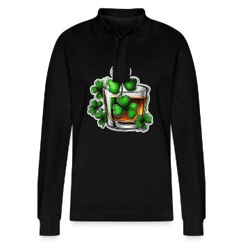 Shamrock / Whiskey / Alcohol / Happiness / Irish Pub - Stanley/Stella Organic Unisex Long-Sleeved Polo Shirt Prepster - black - Front - Anna (173cm) & Nico (186cm)