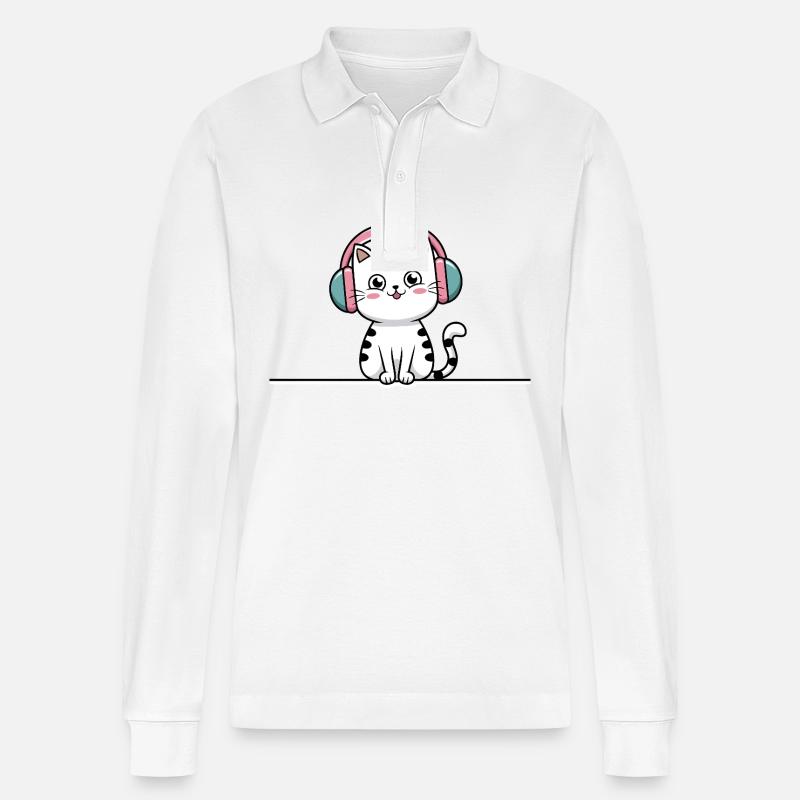 Süße Katze mit Doodle-Kopfhörern - Stanley/Stella Unisex Bio-Langarm-Poloshirt Prepster - Weiß