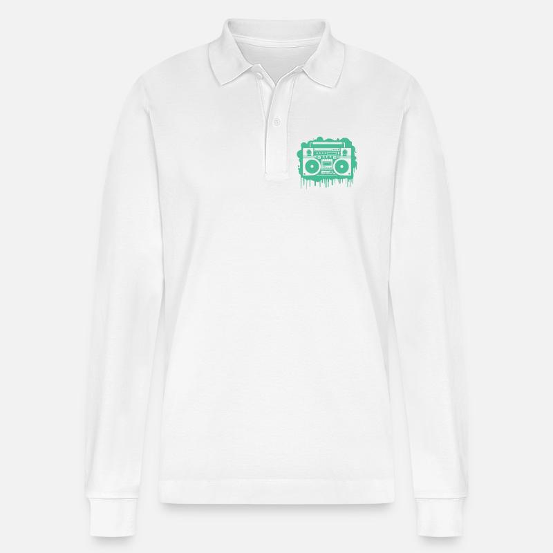 Cyan Ghettoblaster (durchsichtig) - Stanley/Stella Unisex Bio-Langarm-Poloshirt Prepster - Weiß