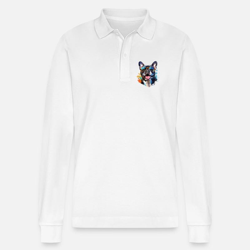 Frenchie mit Sonnenbrille - Stanley/Stella Unisex Bio-Langarm-Poloshirt Prepster - Weiß