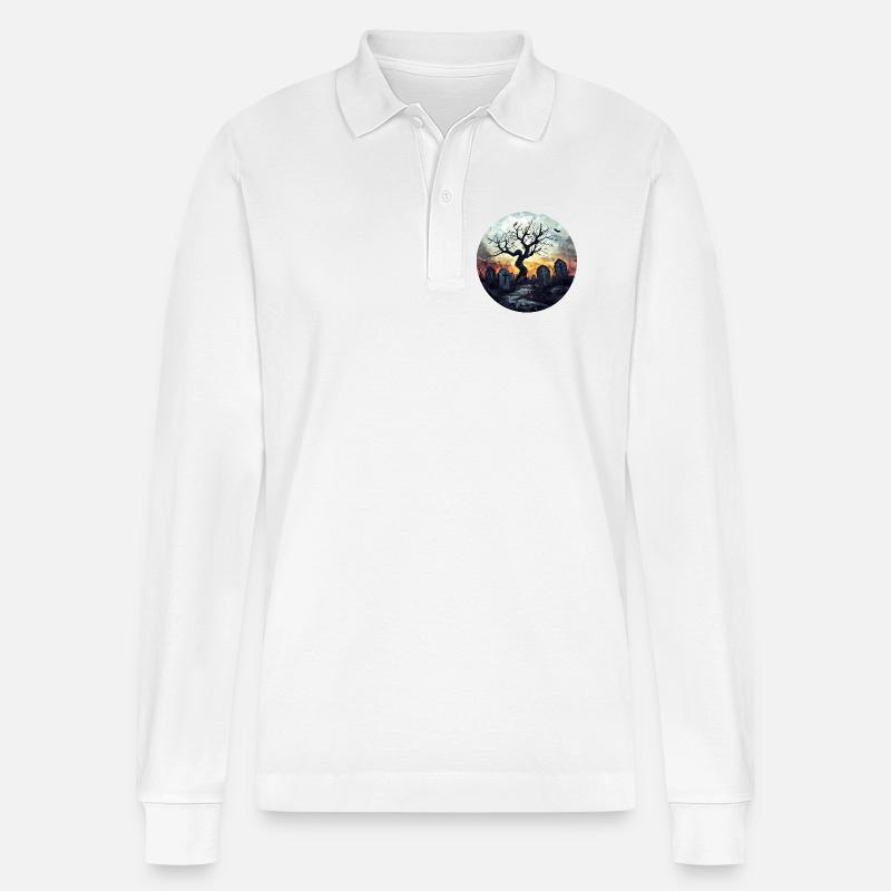 Spukiger Friedhof mit knorrigem Baum - Stanley/Stella Unisex Bio-Langarm-Poloshirt Prepster - Weiß