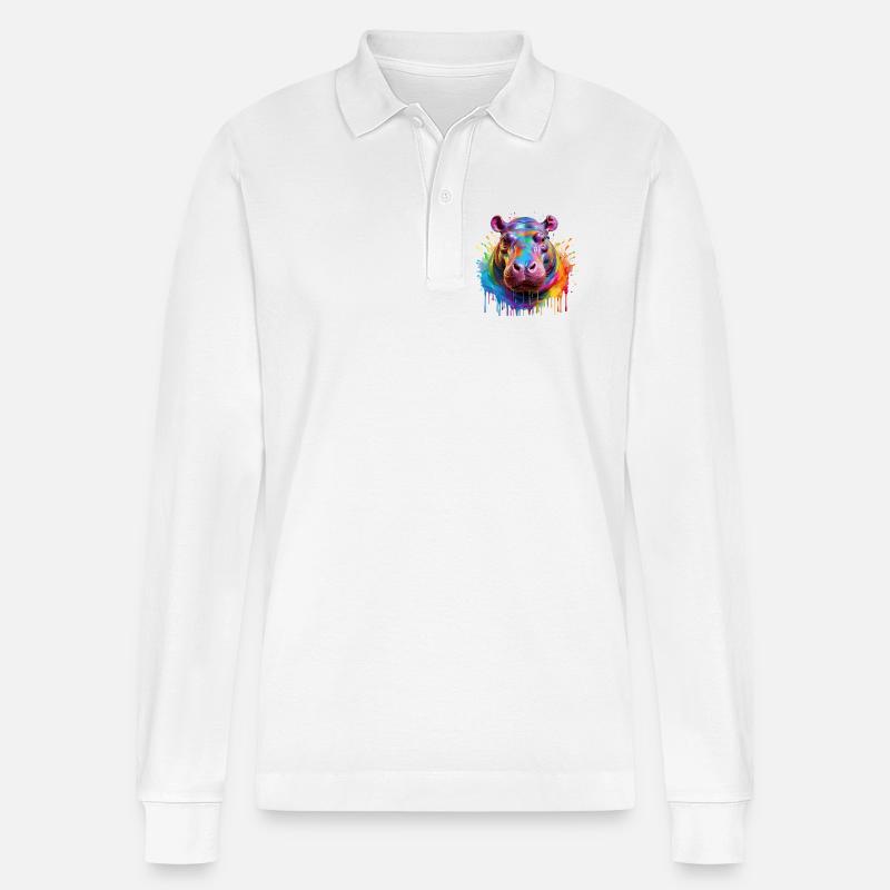 Bunter Hippo Farbexplosion - Stanley/Stella Unisex Bio-Langarm-Poloshirt Prepster - Weiß