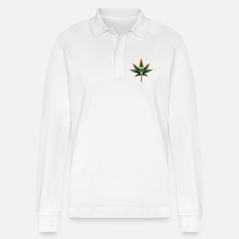 Regenbogen Schädel Cannabis Blatt - Stanley/Stella Unisex Bio-Langarm-Poloshirt Prepster - Weiß