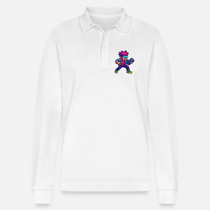 Retro Pixelheld mit Controller - Stanley/Stella Unisex Bio-Langarm-Poloshirt Prepster - Weiß