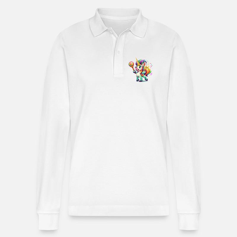 Buntes Einhorn mit Lolly - Stanley/Stella Unisex Bio-Langarm-Poloshirt Prepster - Weiß
