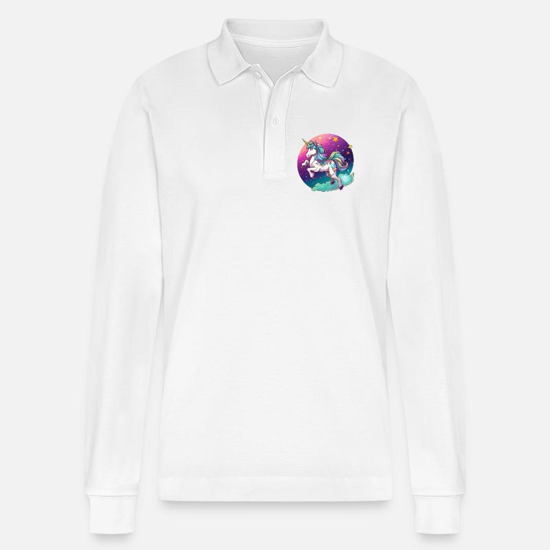 Nachtfarbener Regenbogen-Einhorn - Stanley/Stella Unisex Bio-Langarm-Poloshirt Prepster - Weiß