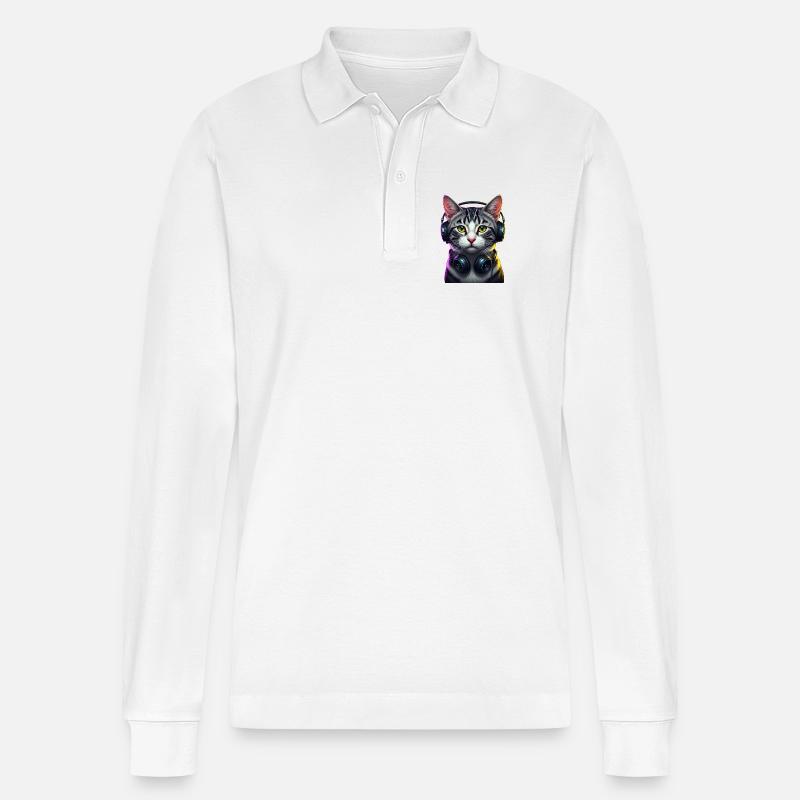KatzenDJ Neon Kopfhörer Music lover cat - Stanley/Stella Unisex Bio-Langarm-Poloshirt Prepster - Weiß