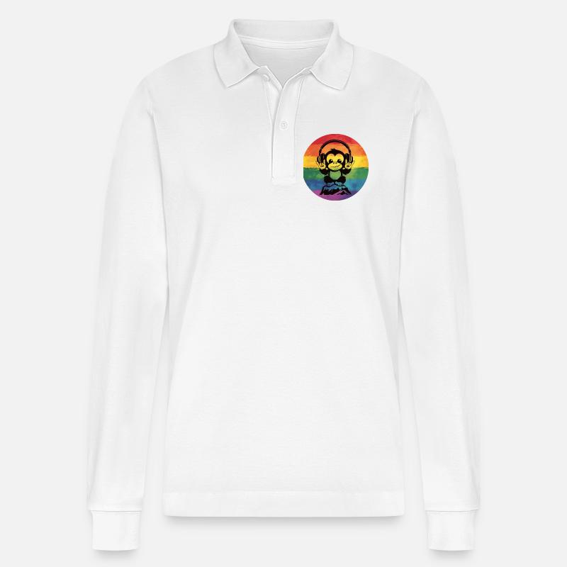 Regenbogen DJ Affe – Kopfhörer Rockhandzeichen - Stanley/Stella Unisex Bio-Langarm-Poloshirt Prepster - Weiß