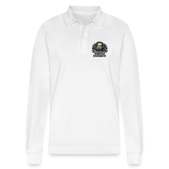 Rooted Strength: Eco-Primal Kettlebell Design - Stanley/Stella Organic Unisex Long-Sleeved Polo Shirt Prepster - white - Front - Anna (173cm) & Nico (186cm)