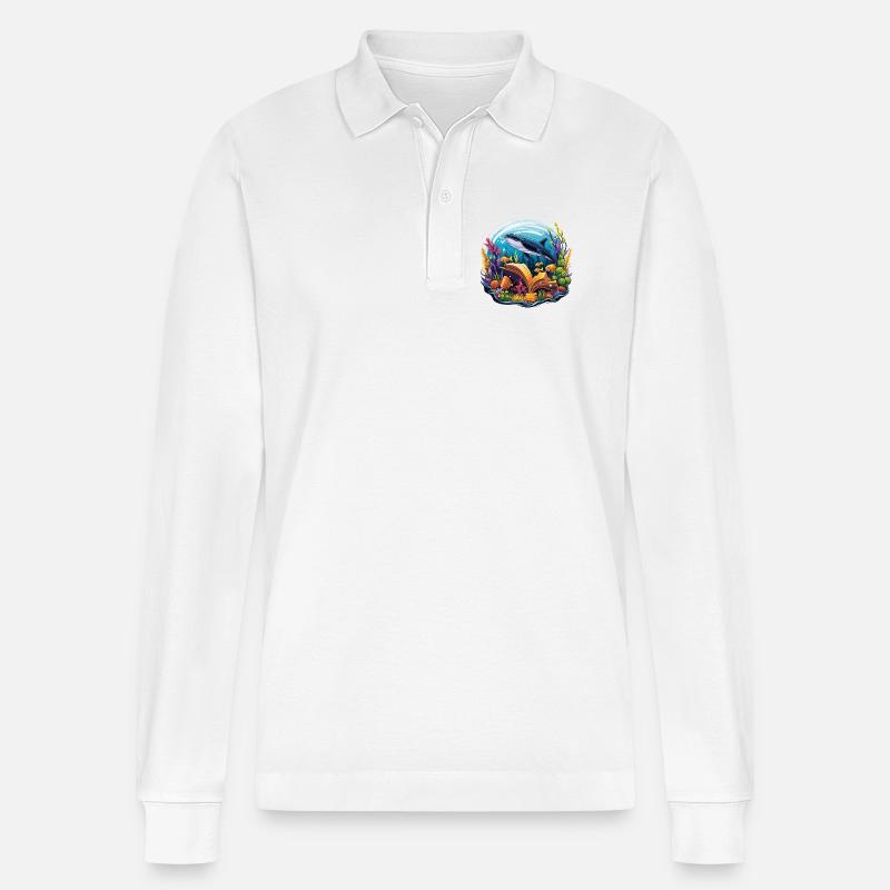 Unterwasserbuchparadies mit Wal - Stanley/Stella Unisex Bio-Langarm-Poloshirt Prepster - Weiß