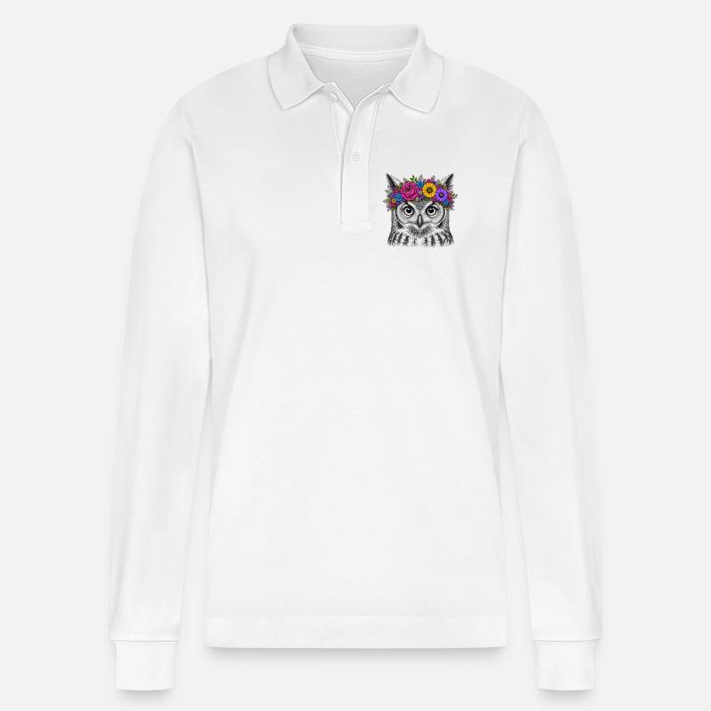 Eulenkopf mit Blumenkrone - Stanley/Stella Unisex Bio-Langarm-Poloshirt Prepster - Weiß