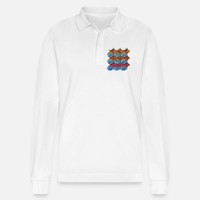 Fische-Tesselation im Escher-Stil in Rotblau - Stanley/Stella Unisex Bio-Langarm-Poloshirt Prepster - Weiß
