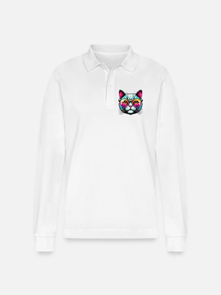 Puss with sunglasses - Stanley/Stella Organic Unisex Long-Sleeved Polo Shirt Prepster - white