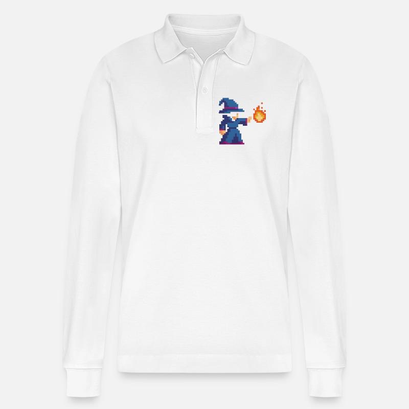 Pixel Wizard und Feuer - Stanley/Stella Unisex Bio-Langarm-Poloshirt Prepster - Weiß