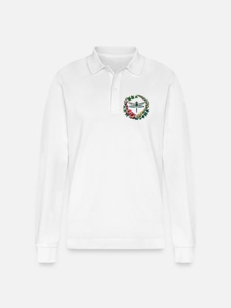 Dragonfly Floral Wreath Frame - Stanley/Stella Organic Unisex Long-Sleeved Polo Shirt Prepster - white
