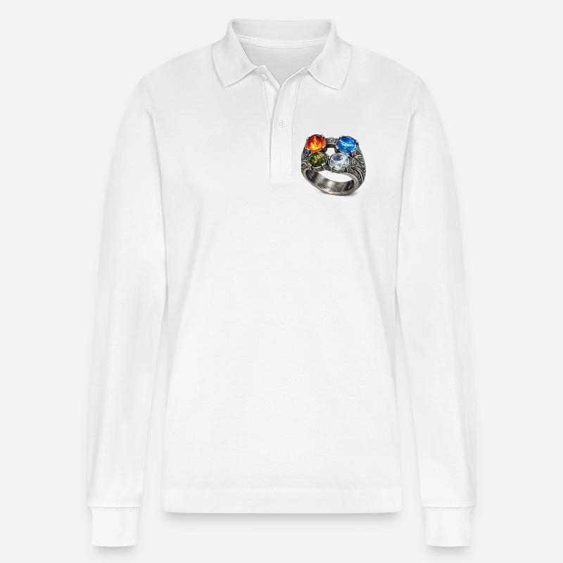 Vier-Elemente-Ring mit Edelsteinen - Stanley/Stella Unisex Bio-Langarm-Poloshirt Prepster - Weiß