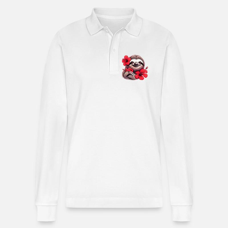 Faultier mit Hibiskusblüten - Stanley/Stella Unisex Bio-Langarm-Poloshirt Prepster - Weiß