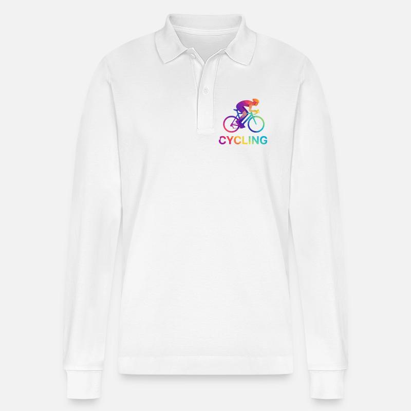 Lebendiges Regenbogen-Radfahrerdesign - Stanley/Stella Unisex Bio-Langarm-Poloshirt Prepster - Weiß