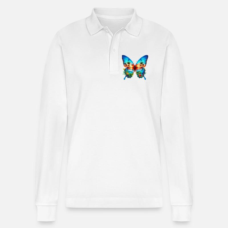 Schmetterling - Stanley/Stella Unisex Bio-Langarm-Poloshirt Prepster - Weiß