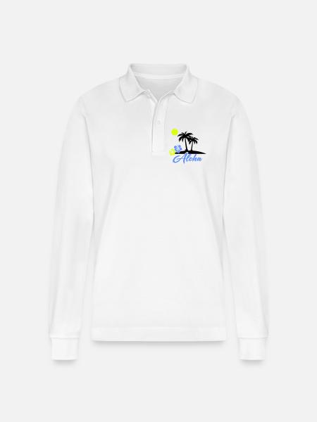Aloha Hibiscus Neon Script - Stanley/Stella Organic Unisex Long-Sleeved Polo Shirt Prepster - white