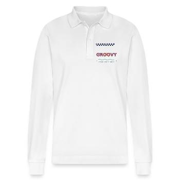 Nur groovy-Good_Vibes, Retro Y2K Typografie - Stanley/Stella Unisex Bio-Langarm-Poloshirt Prepster - Weiß - Vorne - Anna (173cm) & Nico (186cm)