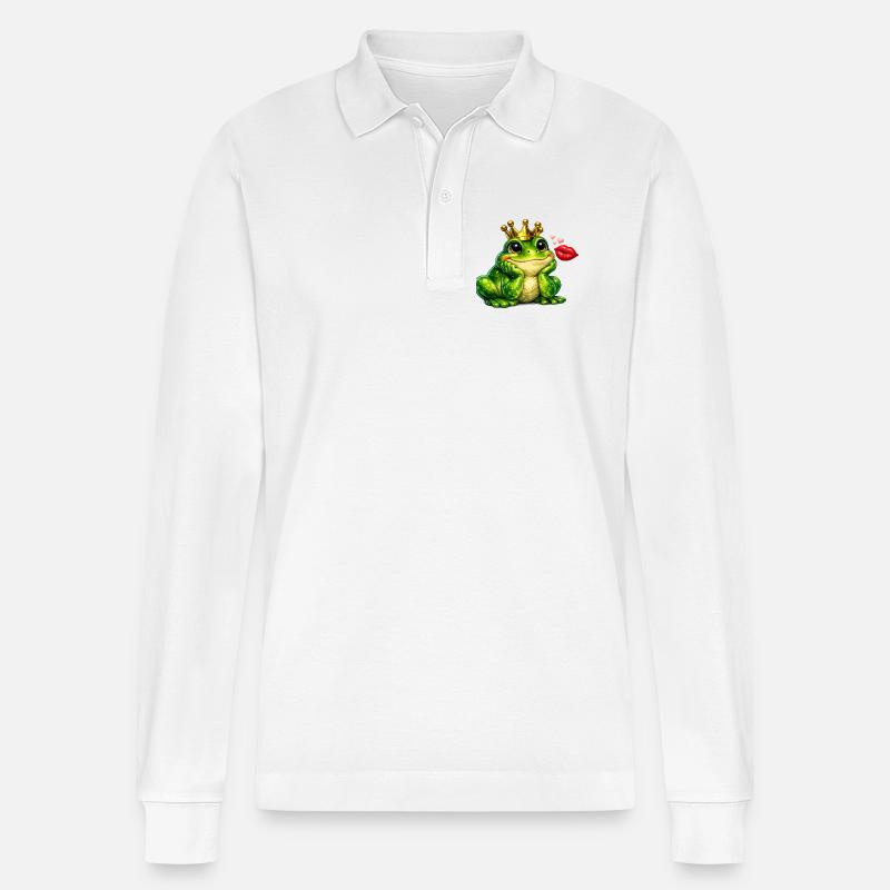 Kronfrosch-Kuss-Design - Stanley/Stella Unisex Bio-Langarm-Poloshirt Prepster - Weiß