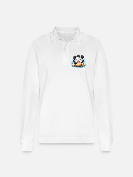 Kawaii Panda with Cake Feast - Stanley/Stella Organic Unisex Long-Sleeved Polo Shirt Prepster - white