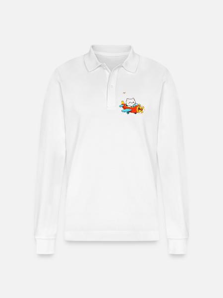 Süße Katze im Flugzeug - Stanley/Stella Unisex Bio-Langarm-Poloshirt Prepster - Weiß