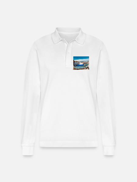 Blue boats in the harbor - Stanley/Stella Organic Unisex Long-Sleeved Polo Shirt Prepster - white