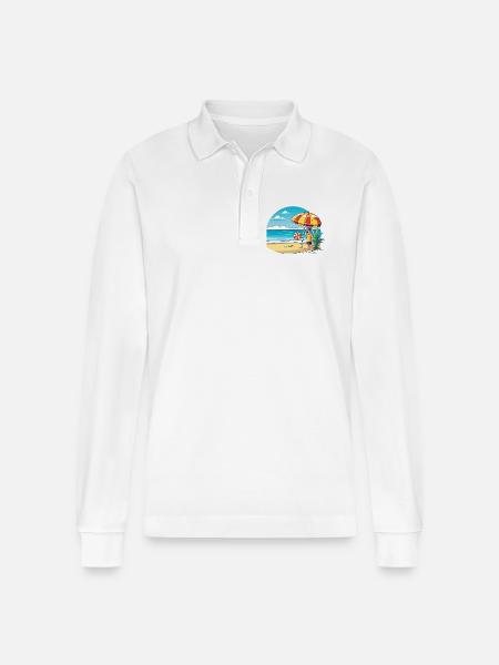 Beach vacation cartoon with umbrella - Stanley/Stella Organic Unisex Long-Sleeved Polo Shirt Prepster - white