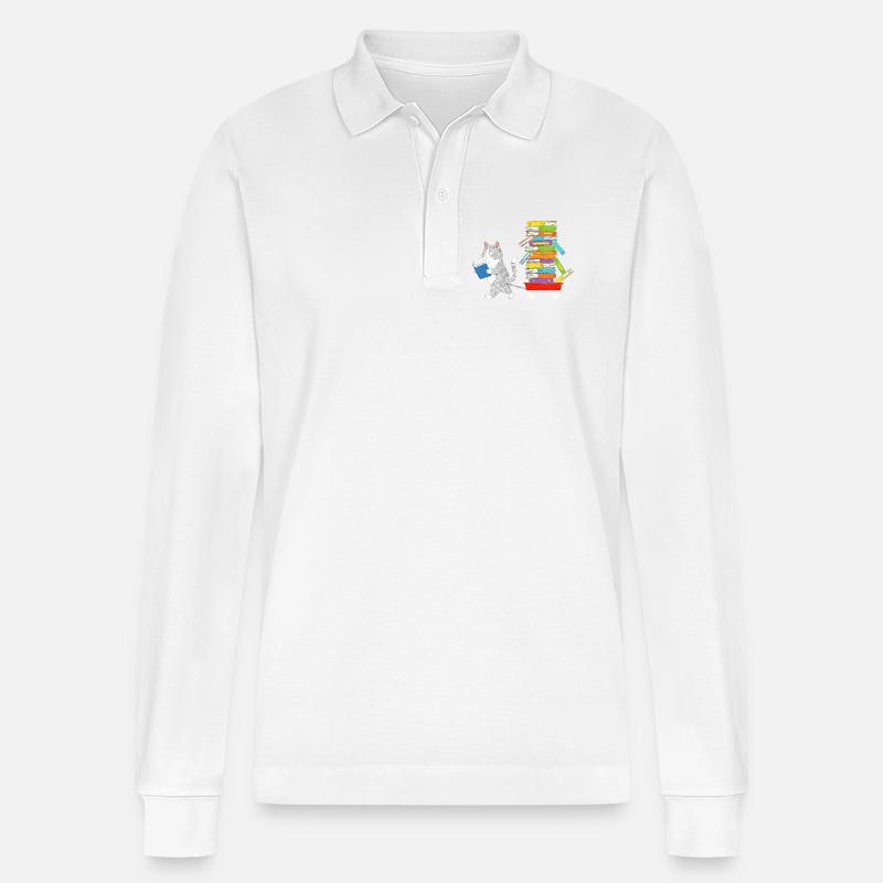 Reading kitten pulls book trolley - Stanley/Stella Organic Unisex Long-Sleeved Polo Shirt Prepster - white