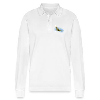 Yellow Butterfly Blue Accent - Stanley/Stella Organic Unisex Long-Sleeved Polo Shirt Prepster - white - Front - Anna (173cm) & Nico (186cm)