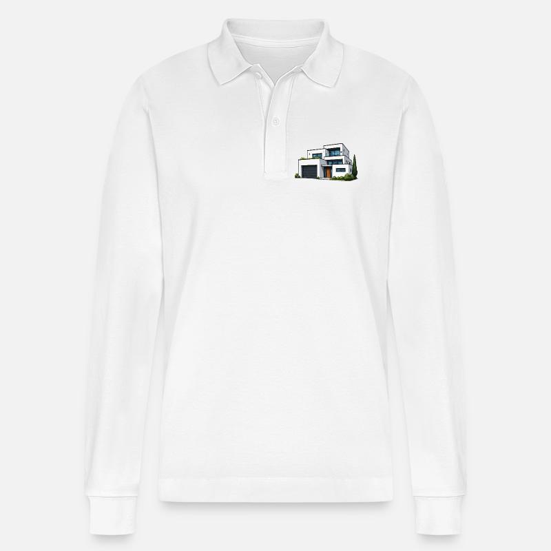Moderne Flachdachvilla - Stanley/Stella Unisex Bio-Langarm-Poloshirt Prepster - Weiß