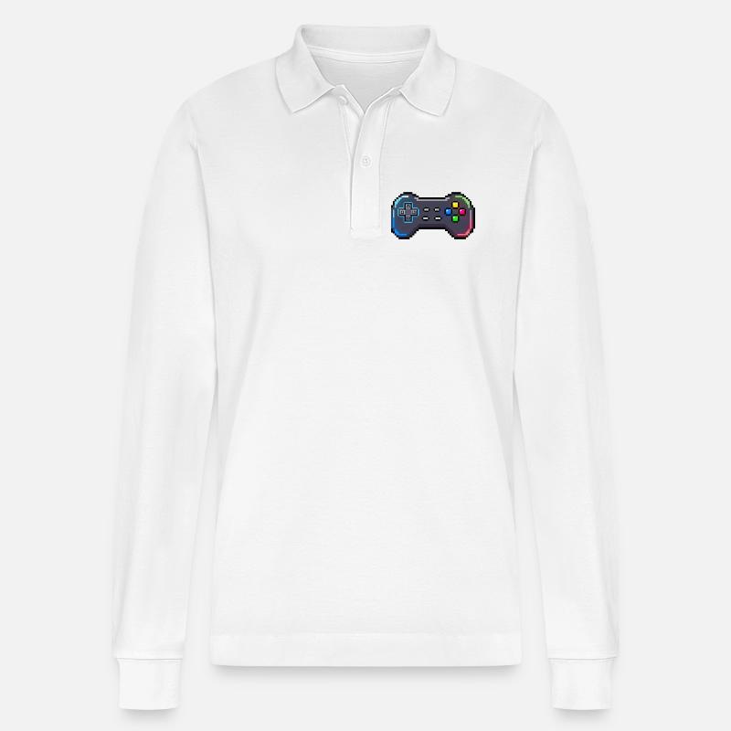Retro-Gamepad Neon-Pixelstil - Stanley/Stella Unisex Bio-Langarm-Poloshirt Prepster - Weiß