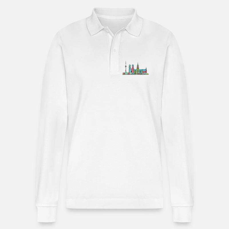 Münchner Stadtskyline Marienplatz Moderne Linienkunst - Stanley/Stella Unisex Bio-Langarm-Poloshirt Prepster - Weiß