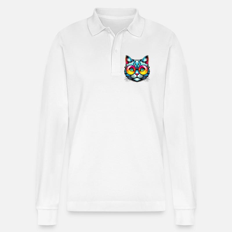 Kater mit Sonnenbrille - Stanley/Stella Unisex Bio-Langarm-Poloshirt Prepster - Weiß
