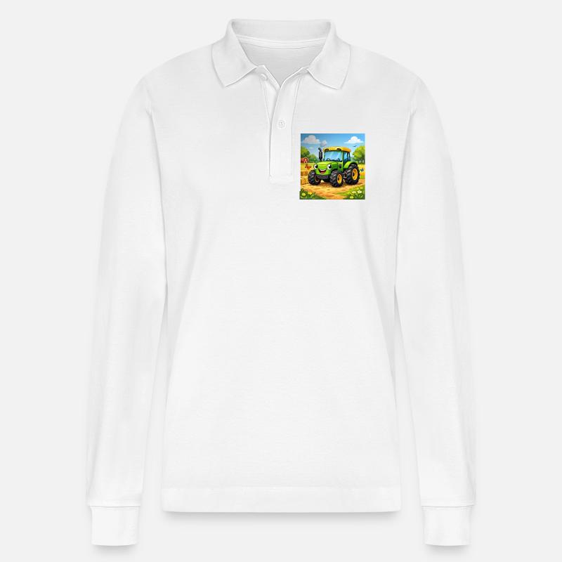Fröhlicher Grüner Traktor auf Feld - Stanley/Stella Unisex Bio-Langarm-Poloshirt Prepster - Weiß