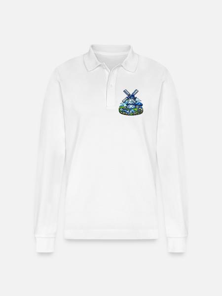 Blue Windmill in Garden - Stanley/Stella Organic Unisex Long-Sleeved Polo Shirt Prepster - white