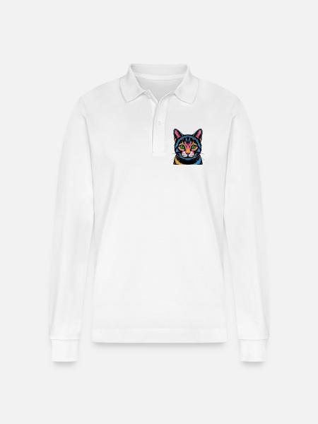 Bunte Pop-Art Katze Neonblick - Stanley/Stella Unisex Bio-Langarm-Poloshirt Prepster - Weiß