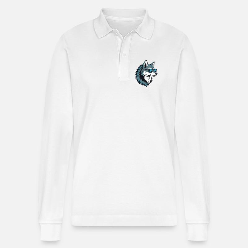 Stylischer Wolf mit blauer Brille - Stanley/Stella Unisex Bio-Langarm-Poloshirt Prepster - Weiß