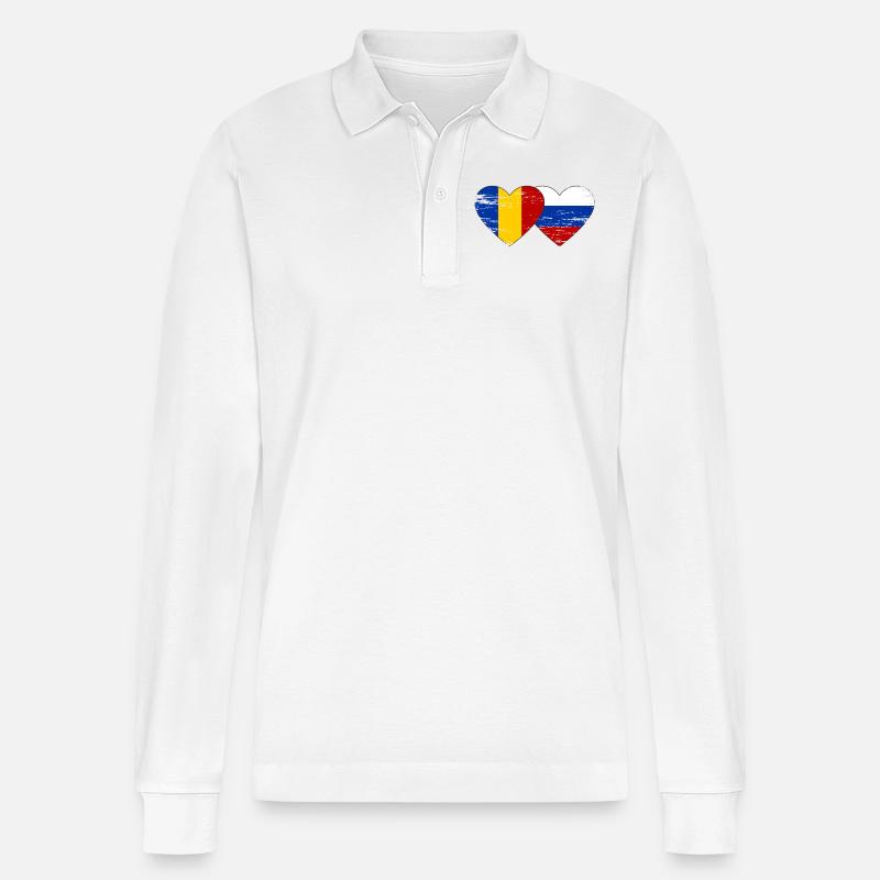 Roumanie Russie Drapeau Coeur Utilisé - Polo à manches longues bio PREPSTER Stanley/Stella Unisexe - blanc