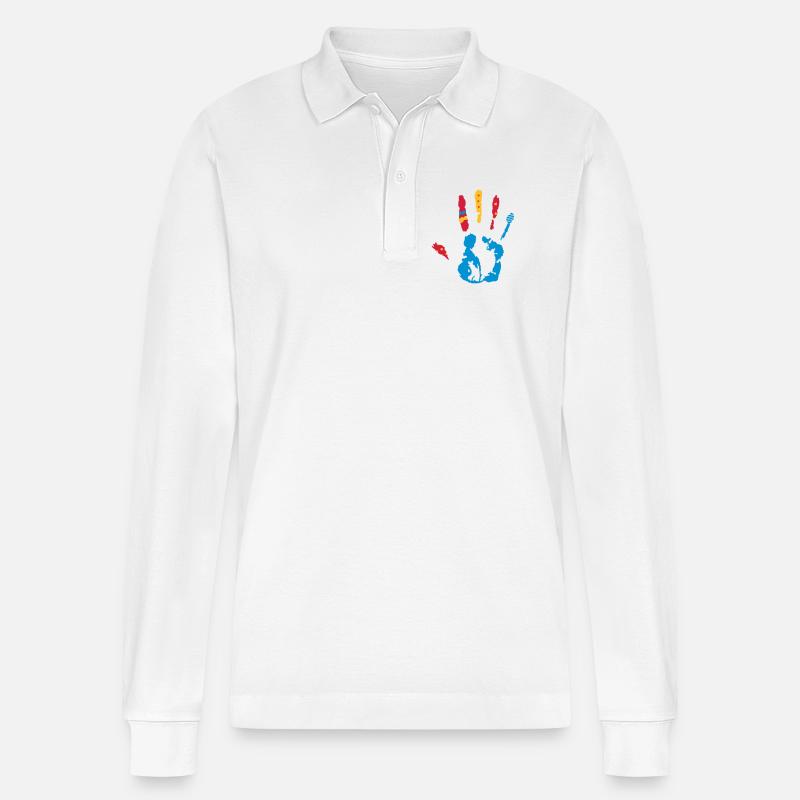 bunter Handabdruck mit verschiedene Formen - Stanley/Stella Unisex Bio-Langarm-Poloshirt Prepster - Weiß