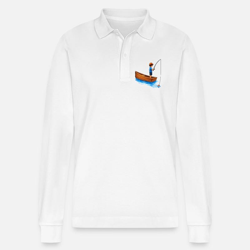 Junge beim Angeln im Boot Illustration  - Stanley/Stella Unisex Bio-Langarm-Poloshirt Prepster - Weiß