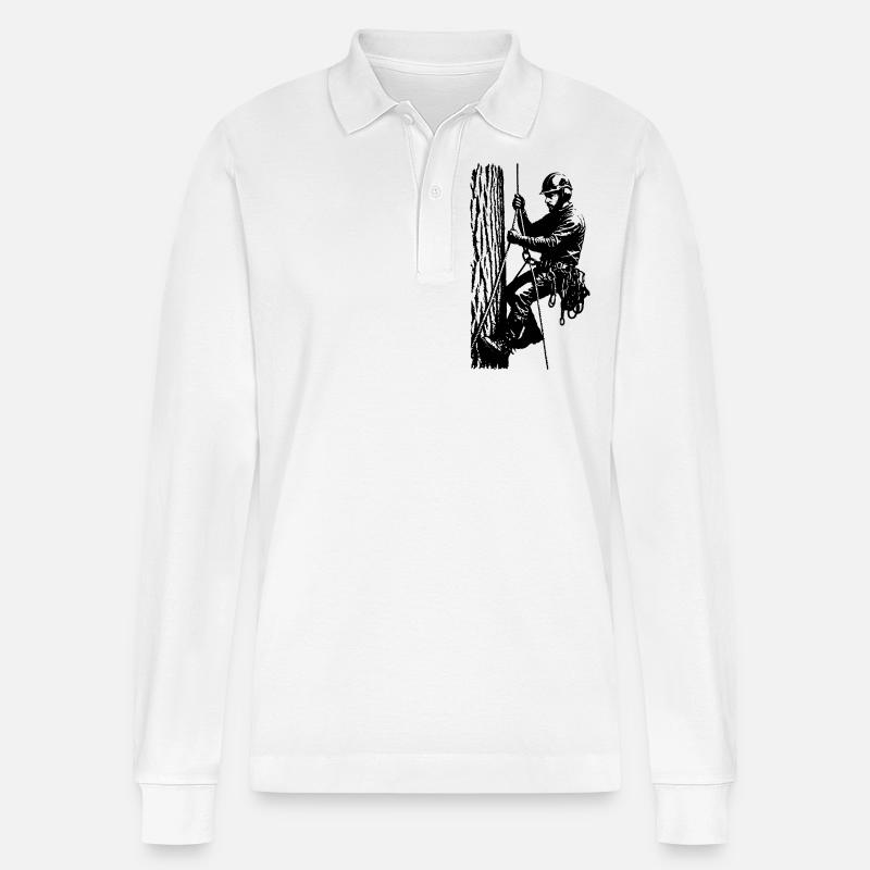 Arborist/Baumkletterer (Schwarze Silhouette) - Stanley/Stella Unisex Bio-Langarm-Poloshirt Prepster - Weiß