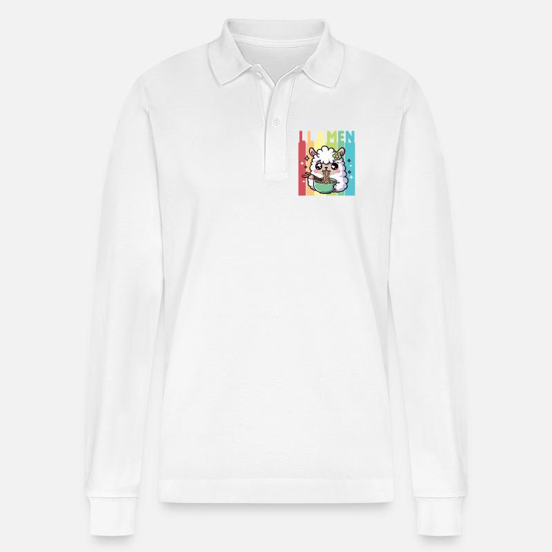 Regenbogen Ramen Lama - Stanley/Stella Unisex Bio-Langarm-Poloshirt Prepster - Weiß